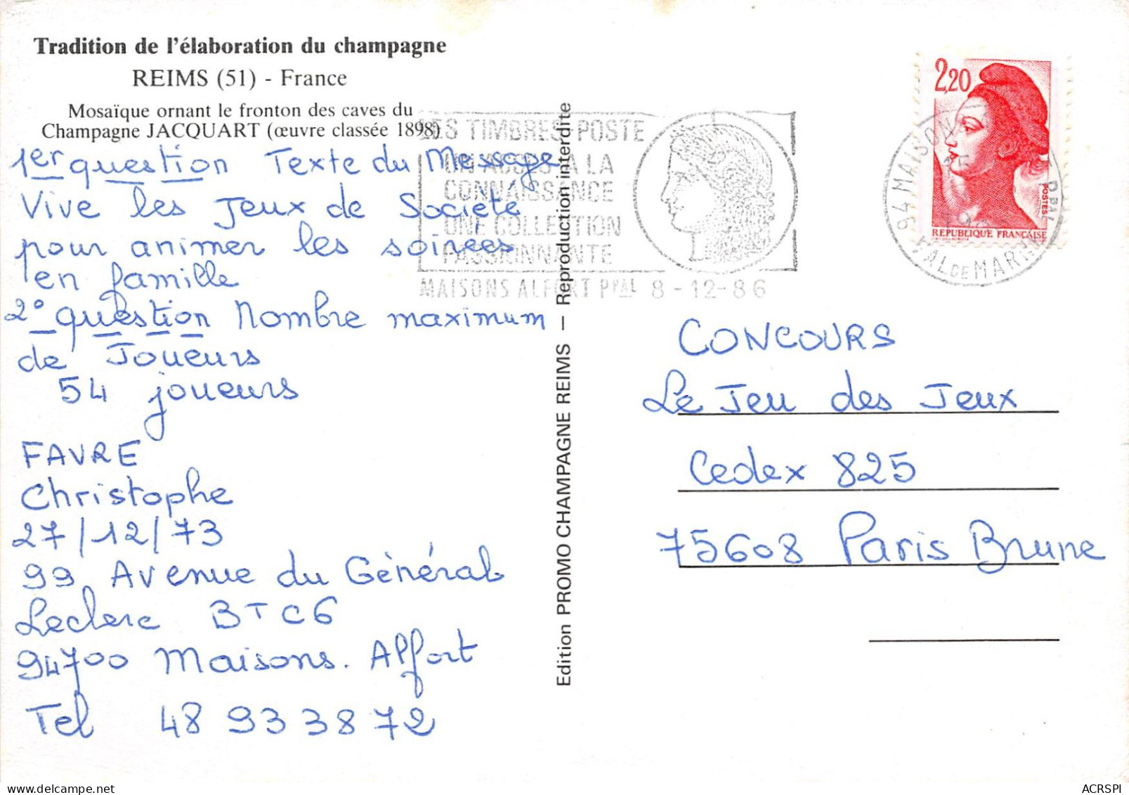 REIMS Mosaique Ornant Le Fronton Des Caves Du Champagne JACQUART 13(scan Recto-verso) MA2001 - Reims