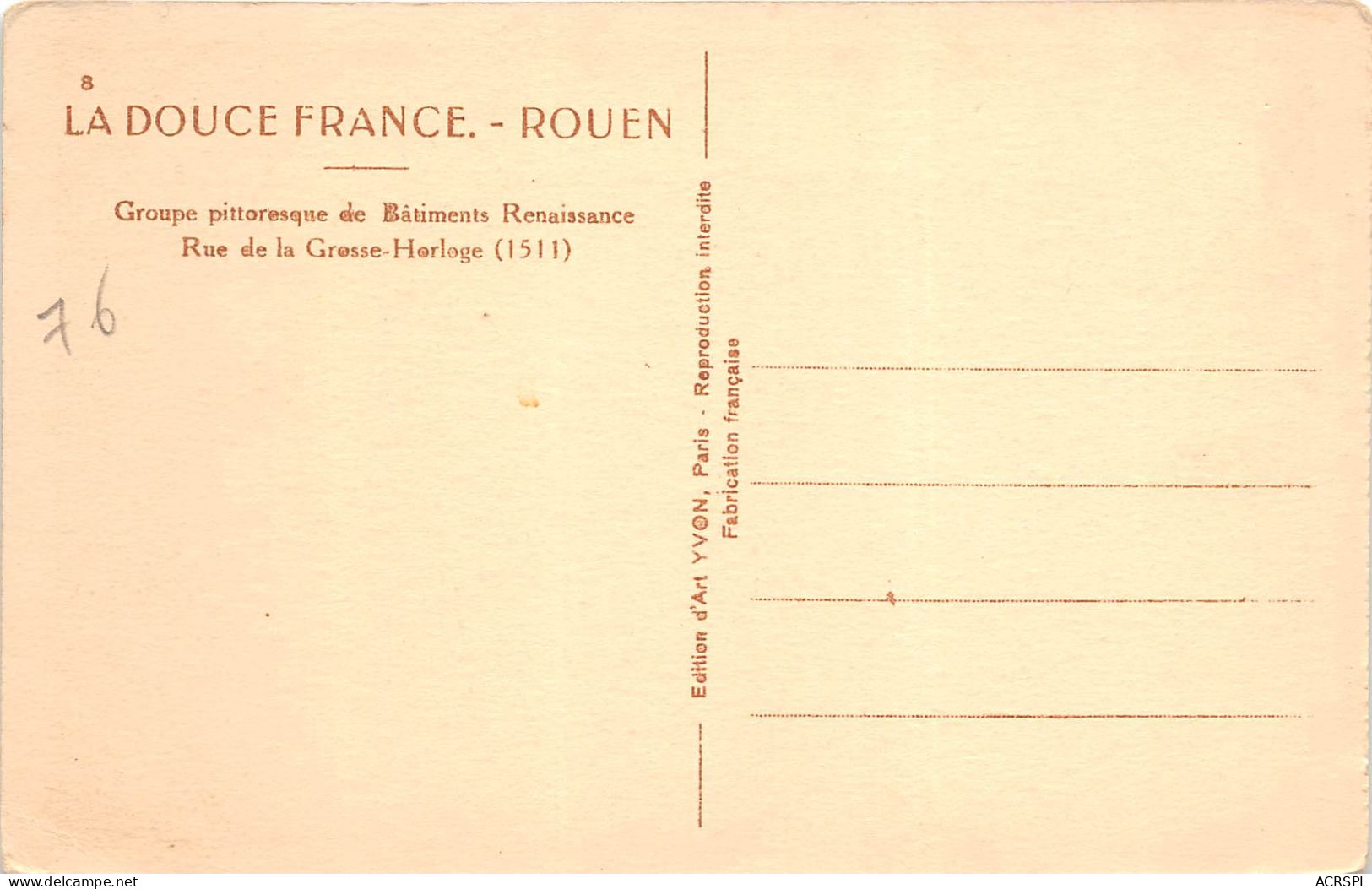 ROUEN Groupe Pittoresue De Batiments Renaissance Rue De La Grosse Horloge 26(scan Recto-verso) MA2024 - Rouen