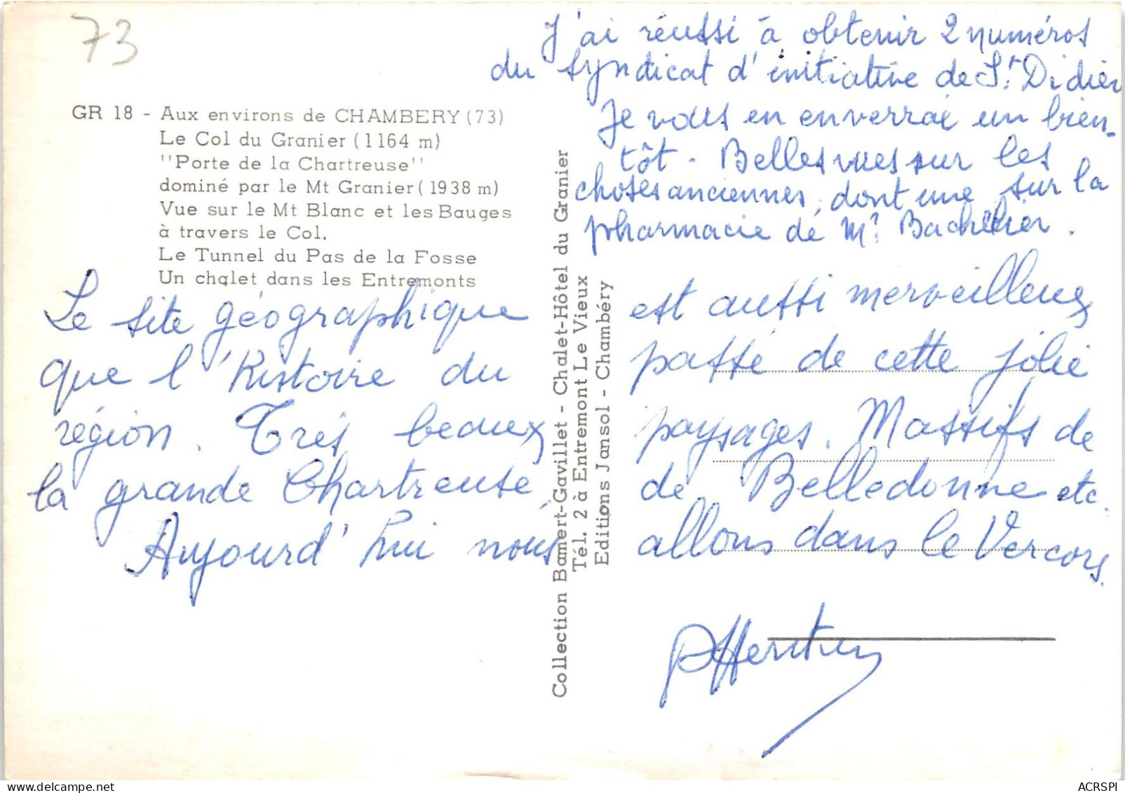 Aux Environs De CHAMBERY Le Col Du Granier Porte De La Chartreuse 19(scan Recto-verso) MA2022 - Chambery