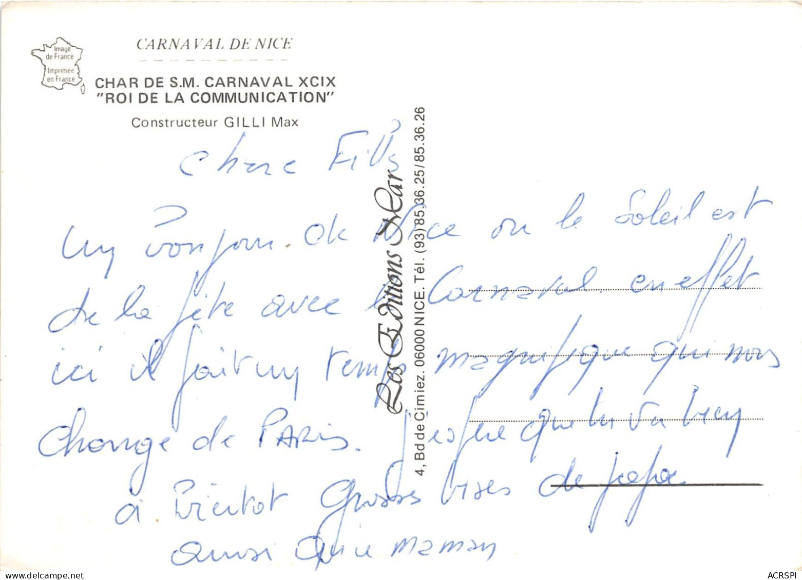 Char De Sm Carnaval Roi De La Communication Carnaval De Nice 11(scan Recto-verso) MA2019 - Carnival