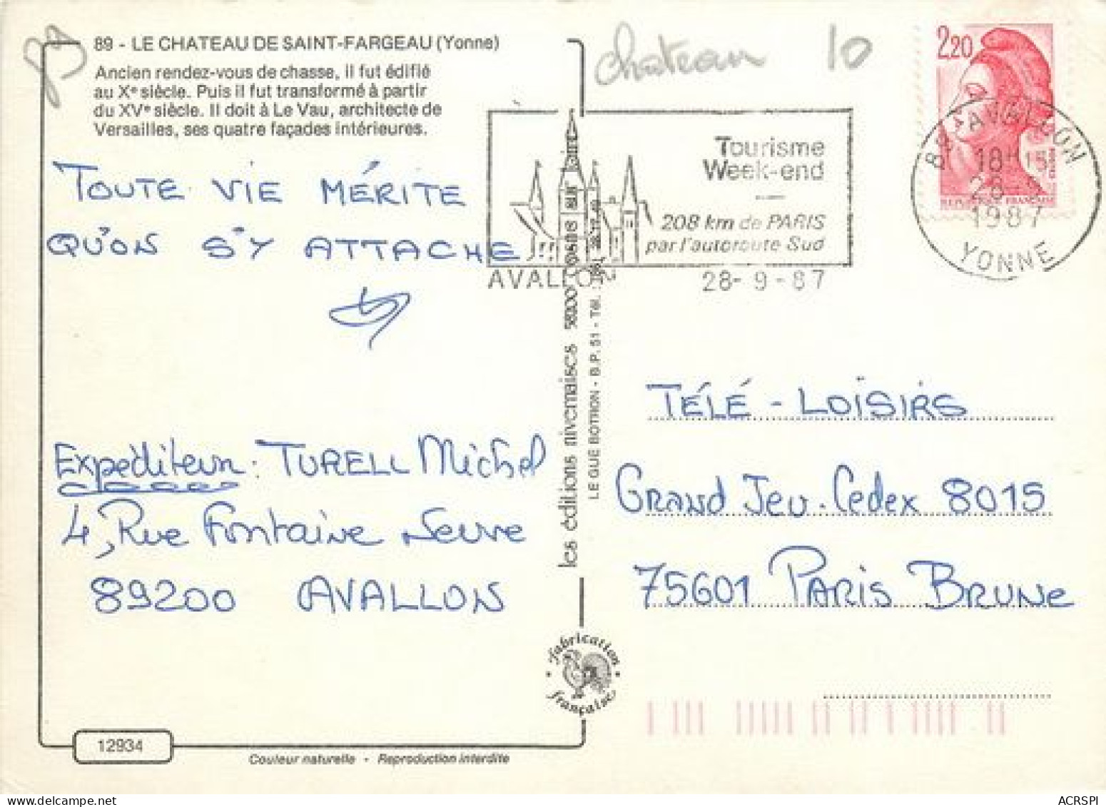 SAINT FARGEAU Le Chateau  30   (scan Recto-verso)MA2032Bis - Saint Fargeau