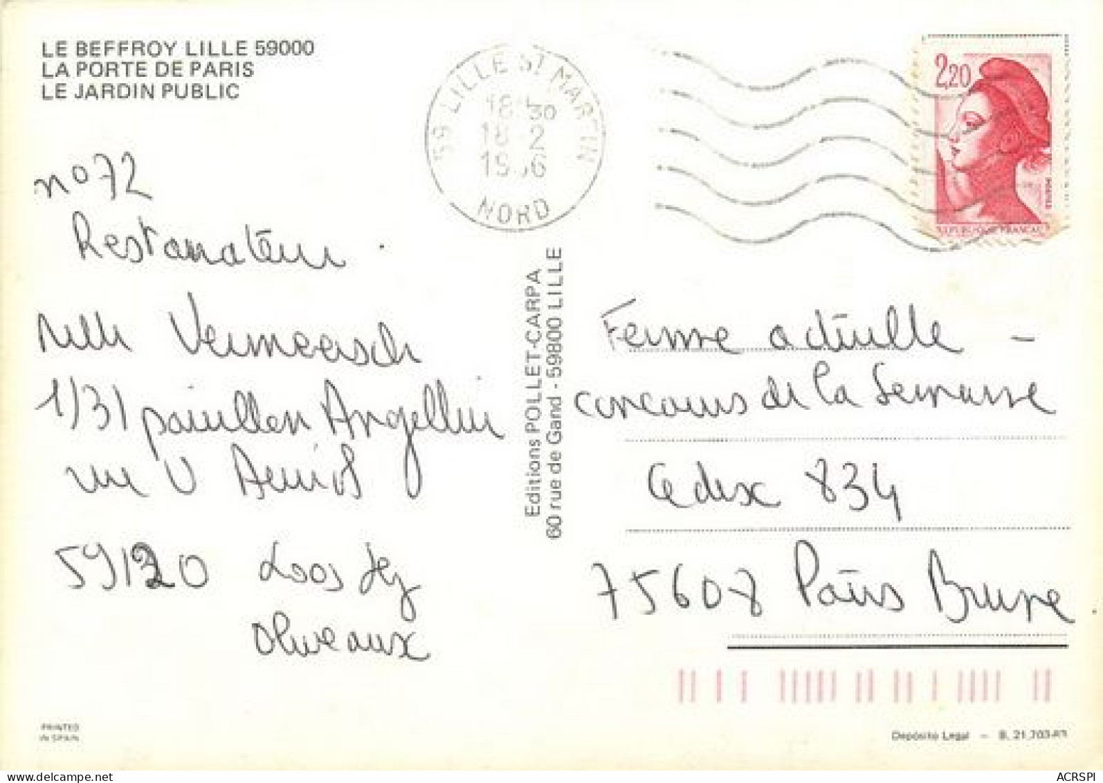 LILLE   Beffroy Jardin Et Porte De Paris   5  (scan Recto-verso)MA2028Ter - Lille