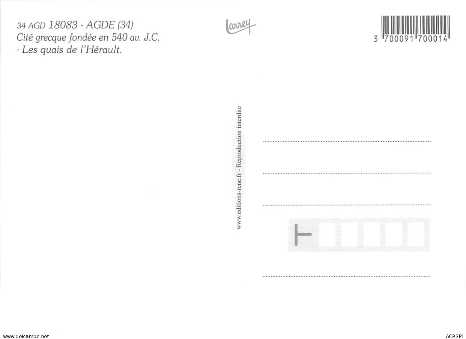AGDE Cite Grecque Fondee En 540 Av Jc Les Quais De L Herault 16(scan Recto-verso) MA2055 - Agde