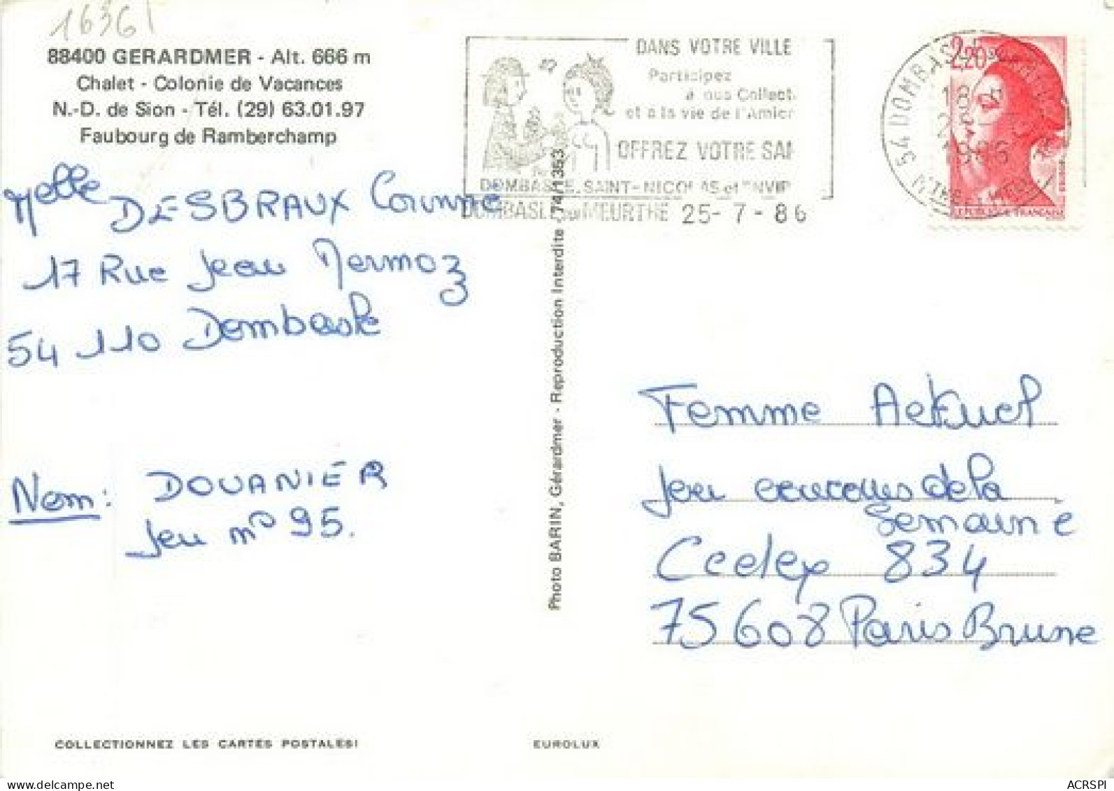 GERARDMER  Chalet Colonie De Vacances SION Faubourg De RAMBERCHAMP   5   (scan Recto-verso)MA2054Bis - Gerardmer