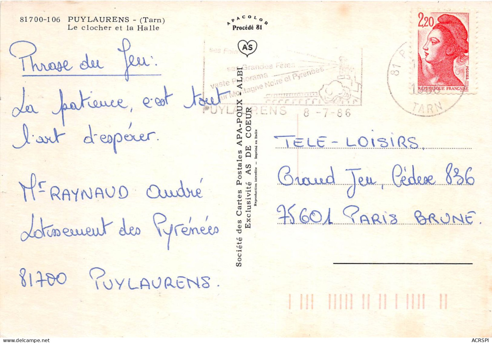 PUYLAURENS Le Clocher Et La Halle 29(scan Recto-verso) MA2052 - Puylaurens