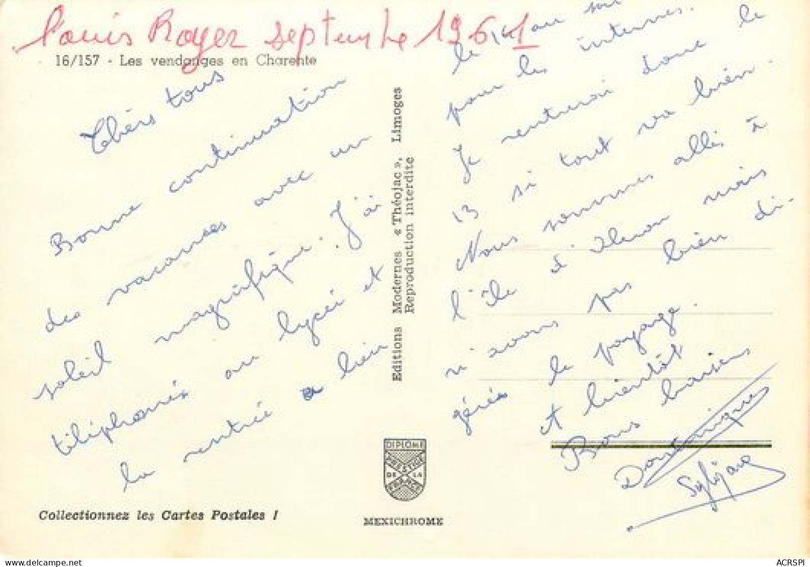 COGNAC Vendanges Louis Royer Septembre 1961   1   (scan Recto-verso)MA2062Ter - Cognac