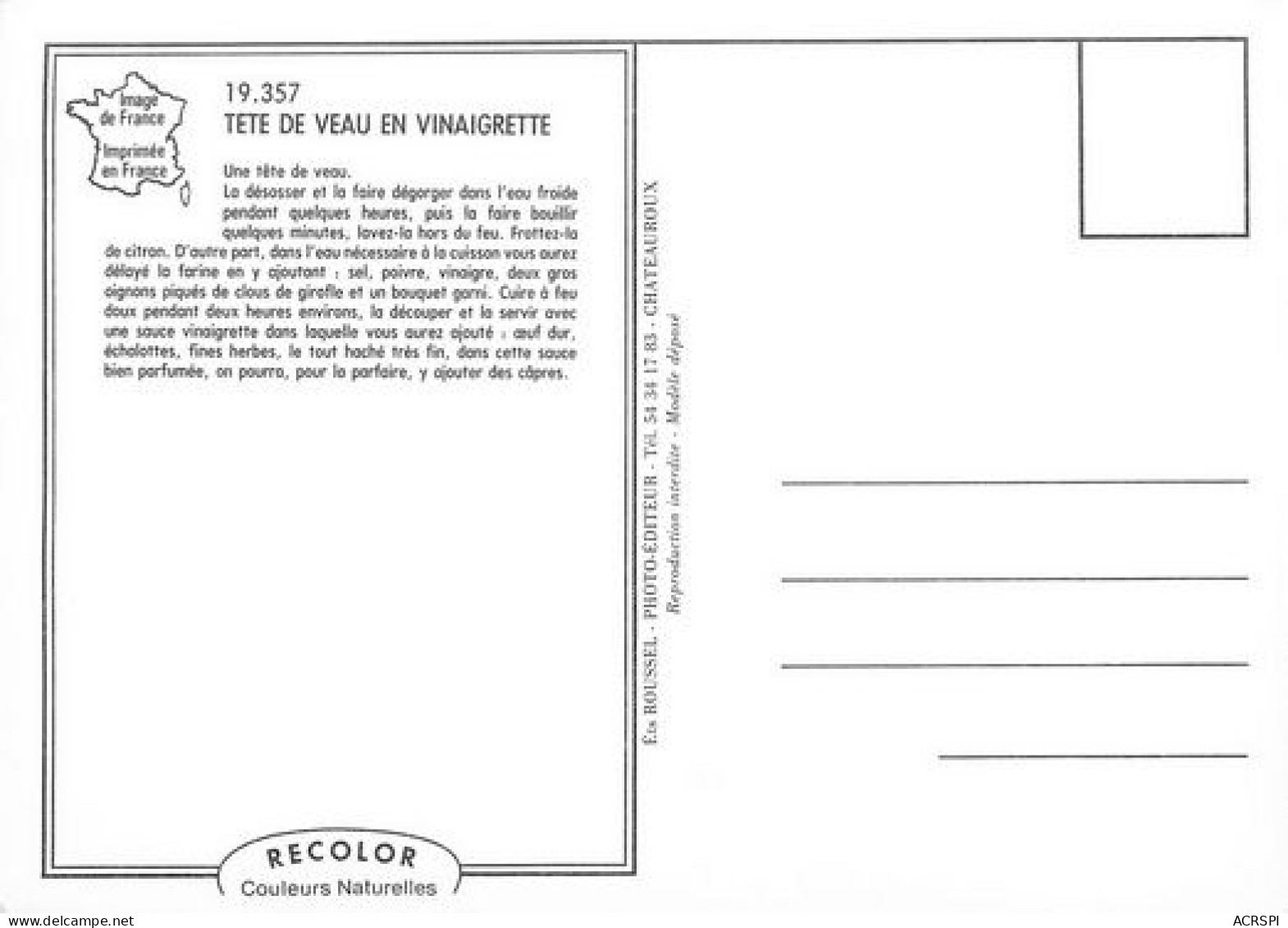 LA TËTE DE VEAU En Vinaigrette De CHATEAUROUX   Recette 6   (scan Recto-verso)MA2060Bis - Chateauroux