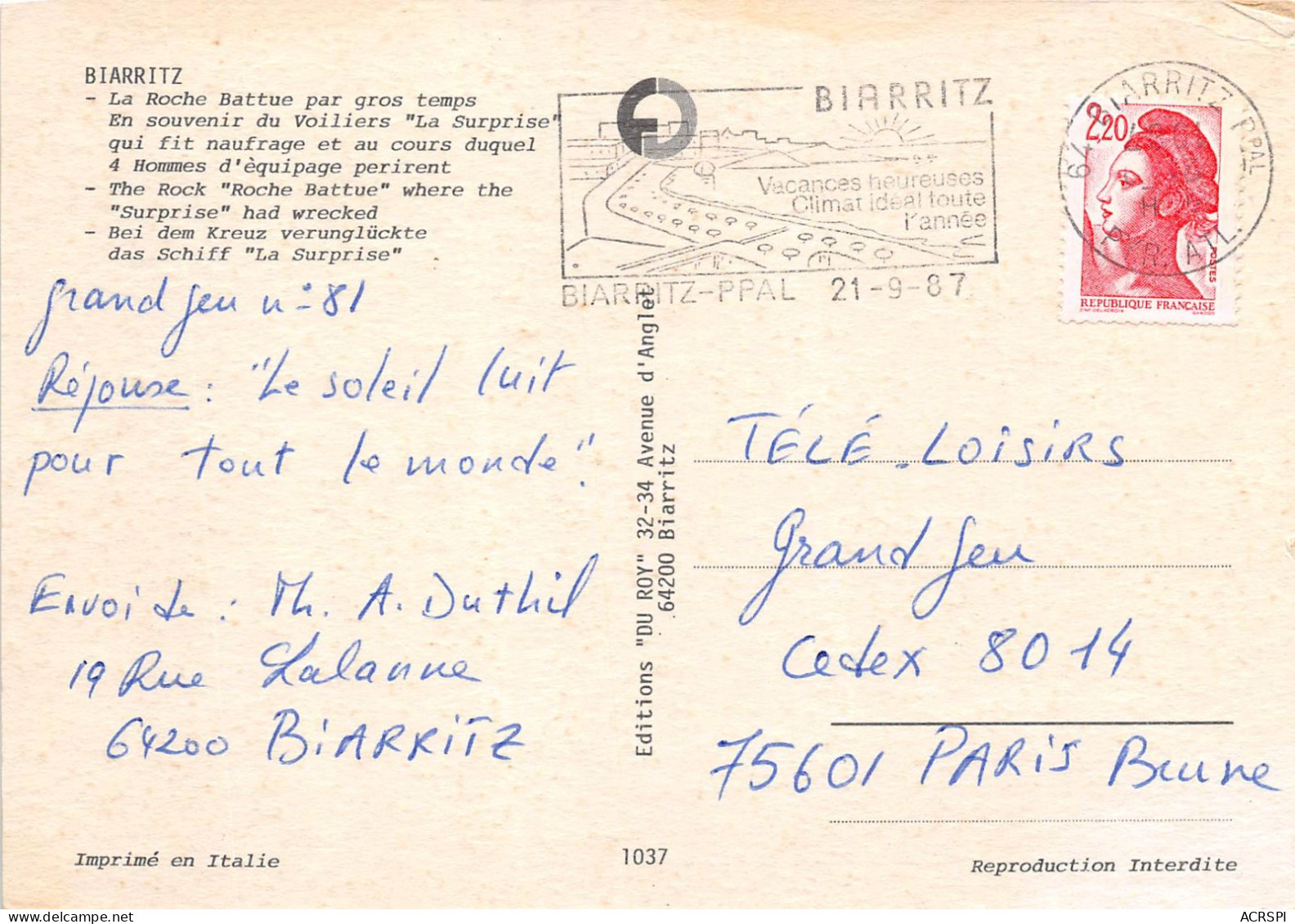 BIARRITZ La Roche Battue Par Les Gros Temps En Souvenir Du Voiliers La Surprise 16(scan Recto-verso) MA2072 - Biarritz