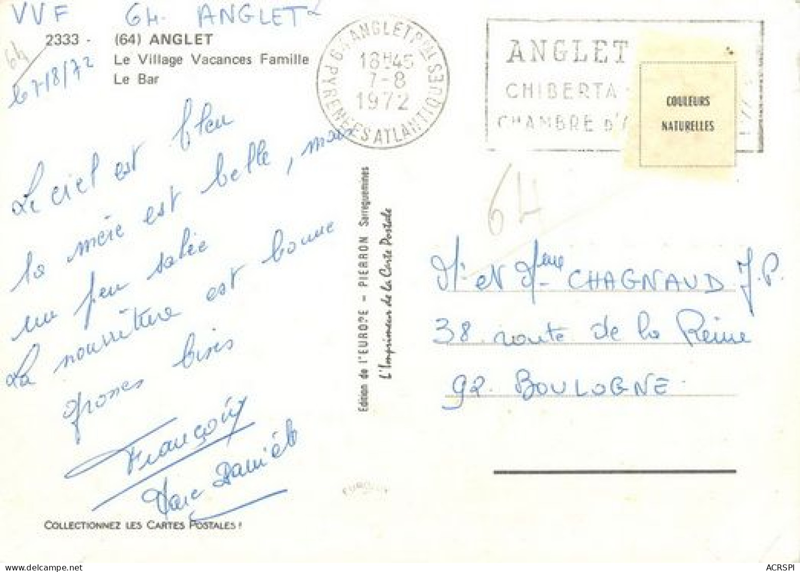 ANGLET Village Vacances Famille Le Bar 33   (scan Recto-verso)MA2068Ter - Anglet