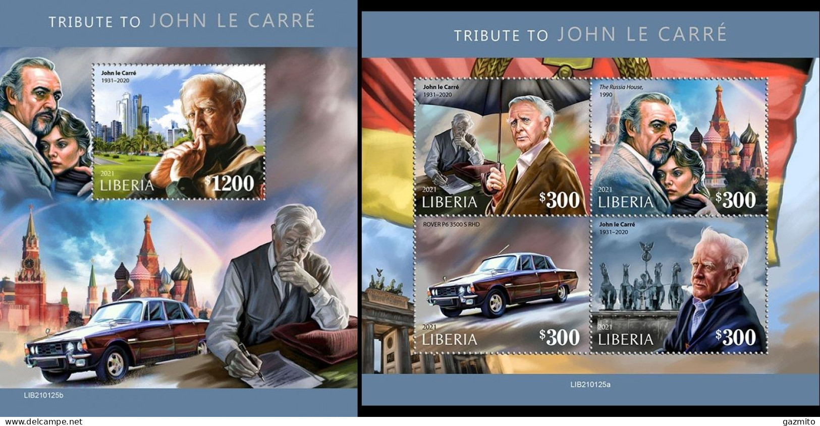 Liberia 2021, J. Carrè, Bond, Cars, 4val In BF +BF - Schriftsteller