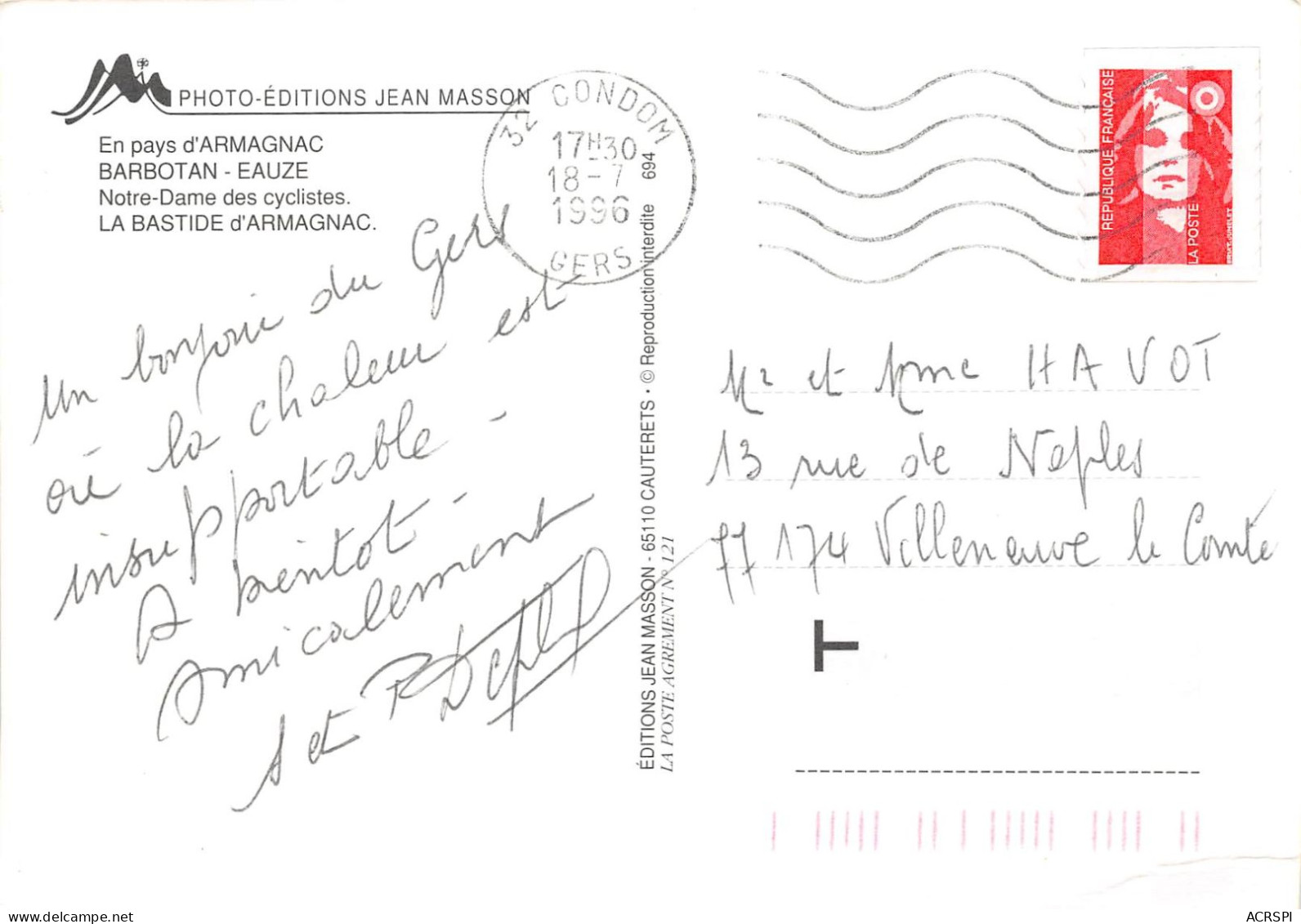 BARBOTAN EAUZE Notre Dame Des Cyclistes La BASTIDE D ARMAGNAC 1(scan Recto-verso) MA2084 - Barbotan