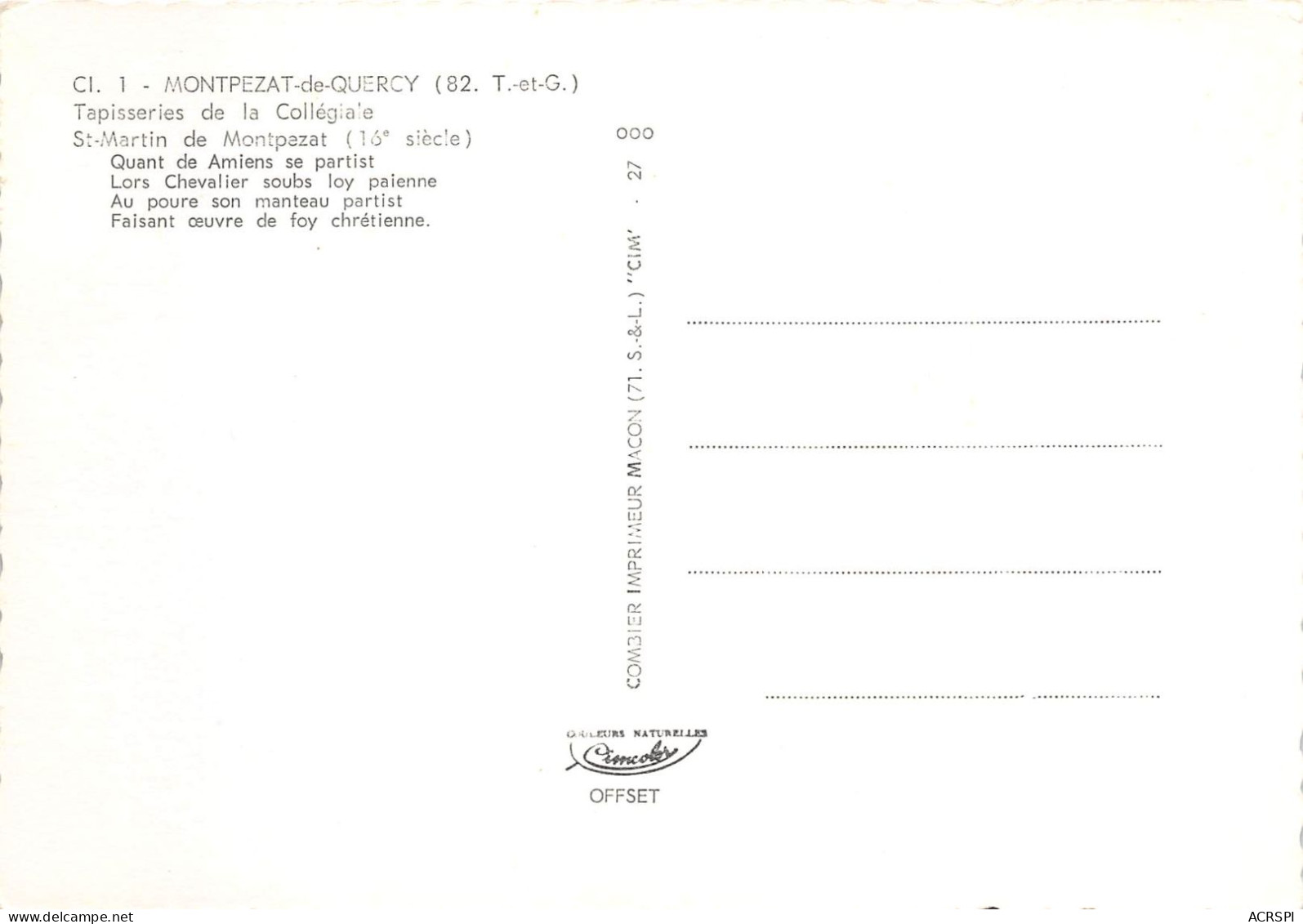 MONTPEZAR DE QUERCY Tapisseries De La Collegialee St Martin De Montpazat 8(scan Recto-verso) MA2077 - Montpezat De Quercy