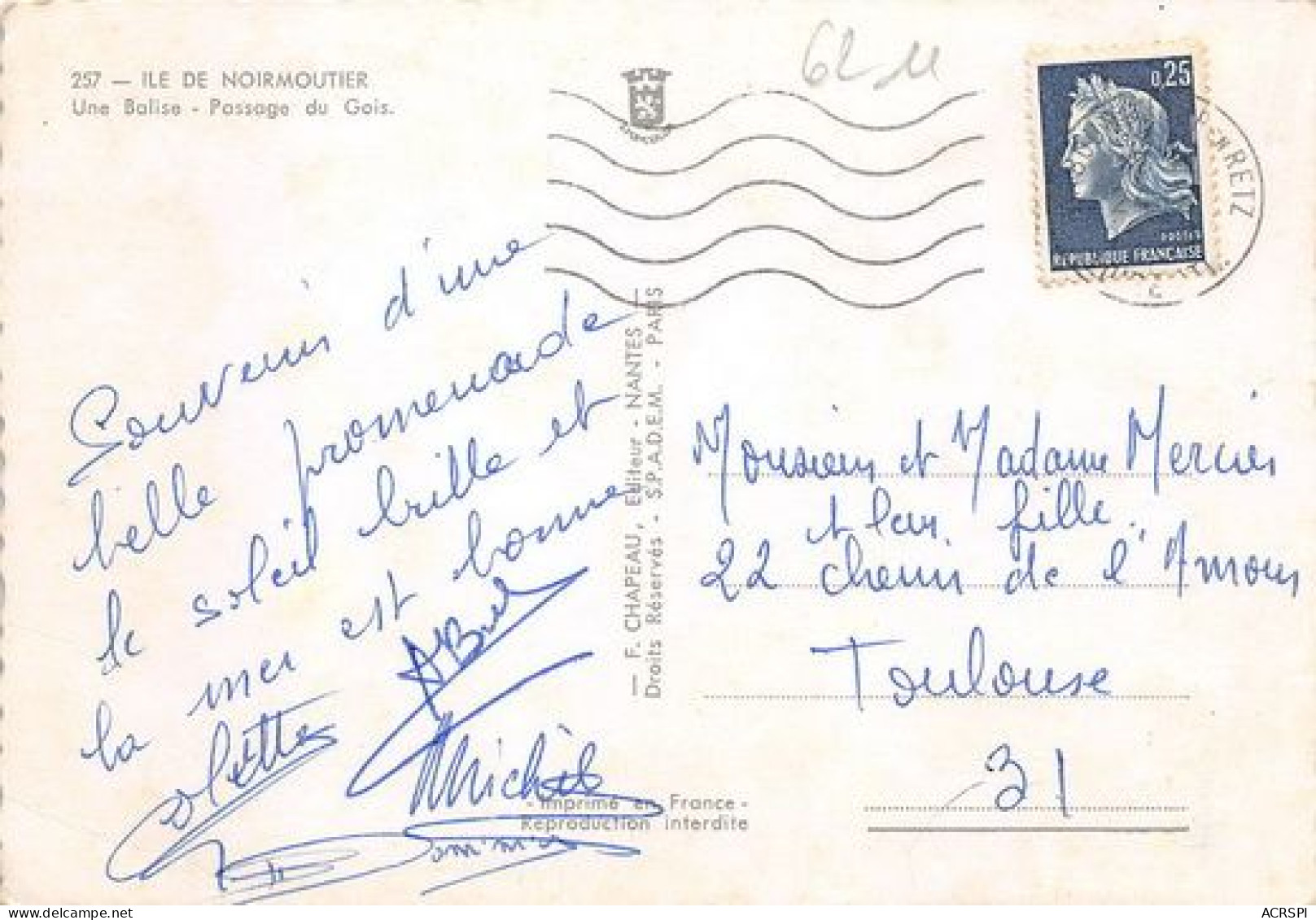 ILE DE NOIRMOUTIER Une Balise Passage Du Gois 13(scan Recto-verso) MA2074 - Ile De Noirmoutier