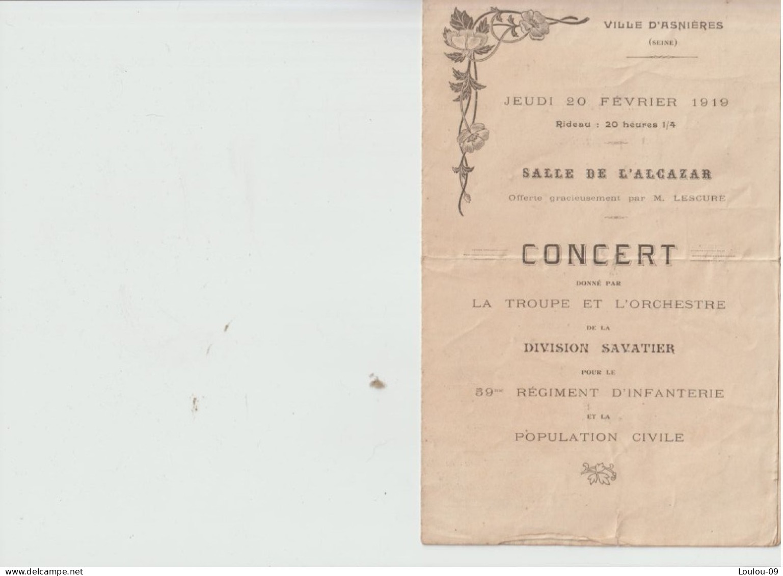 Asnières Sur Seine (92)Programme Concert 1919 - Programme