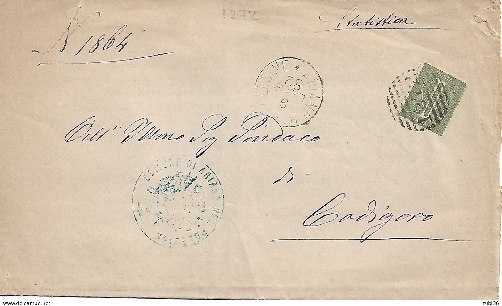 TIMBRO DATARIO DIAMETRO GRANDE ABBINATO A NUMERALE TONDO A BARRE 1272,SU PIEGO COMUNALE,1882 -ARIANO POLESINE- CODIGORO - Storia Postale