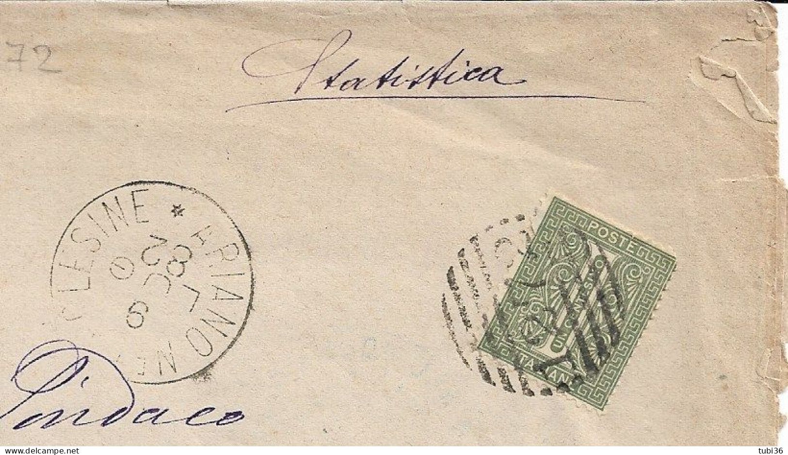 TIMBRO DATARIO DIAMETRO GRANDE ABBINATO A NUMERALE TONDO A BARRE 1272,SU PIEGO COMUNALE,1882 -ARIANO POLESINE- CODIGORO - Marcophilie