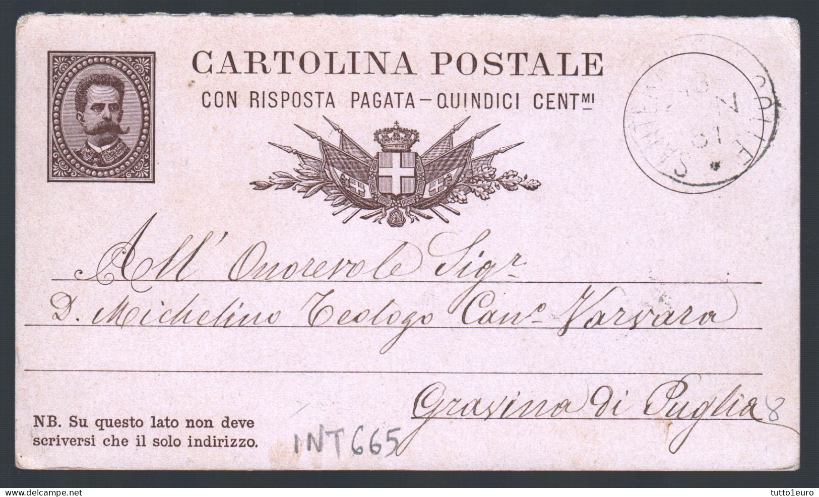 CARTOLINA POSTALE SPEDITA DA  SANTERAMO IN COLLE A GRAVINA IN PUGLIA NEL 1881 (INT665) - Postwaardestukken