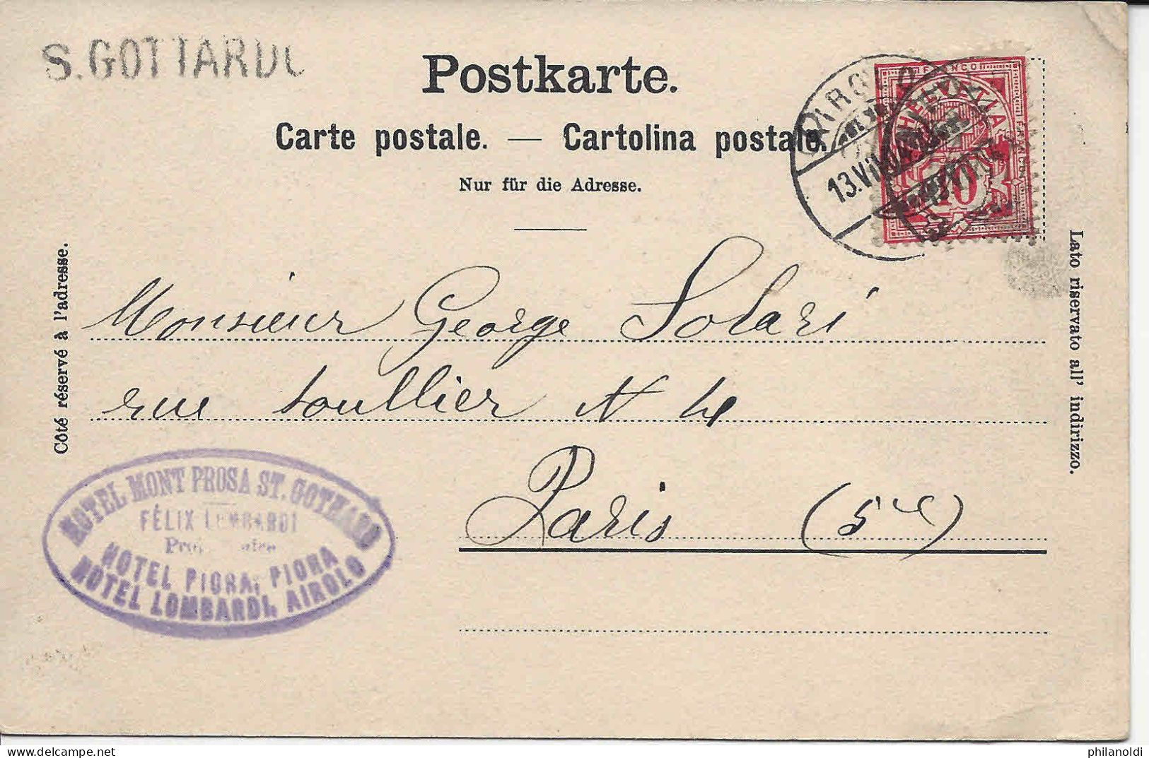 1904 S. GOTTARDO + Airolo Ticino, Cachet Linéaire, Carte Saint Gotthard, Gotthardhospiz + Cachet Privé HOTEL MONT PROSA - Poststempel