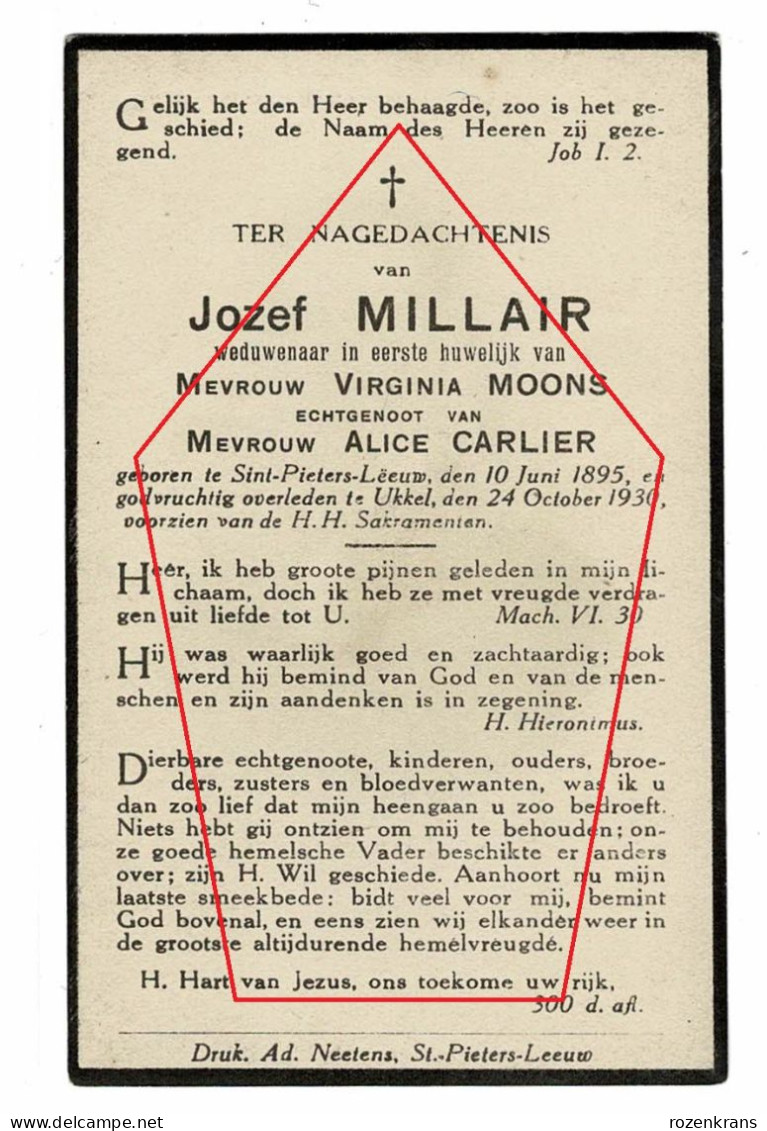 Jozef Millair Viginia Moons Alice Carlier Sint Pieters Leeuw Ukkel Foto Photo 1930 Bidprentje Doodsprentje - Obituary Notices