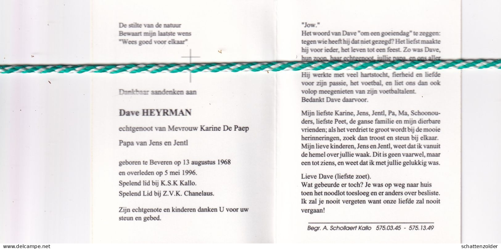 Dave Heyrman-De Paep, Beveren 1968, 1996. Foto Voetballer - Obituary Notices