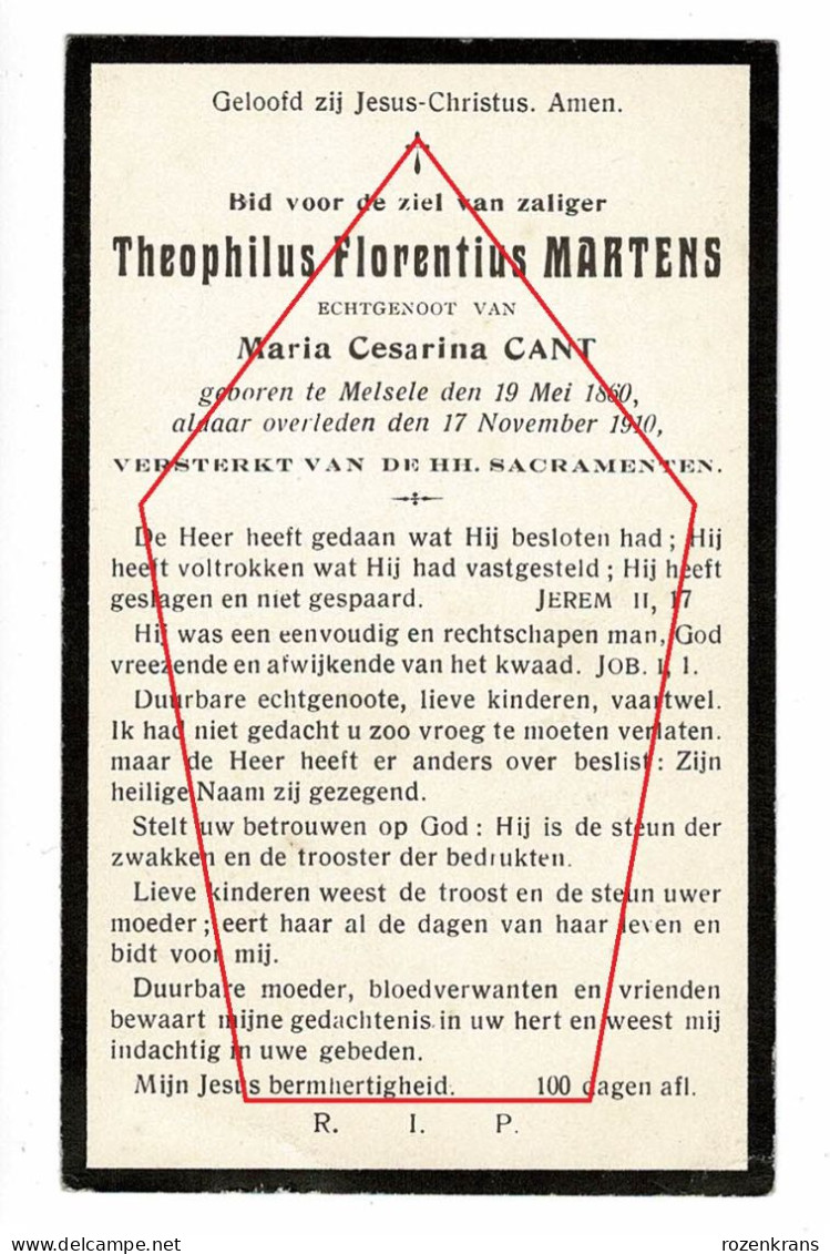 Theophilus Martens Maria Cant Melsele 1910 Bidprentje Doodsprentje - Décès