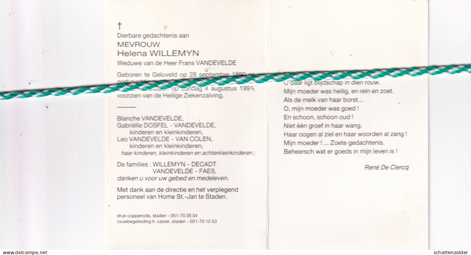 Helena Willemyn-Vandevelde, Geluveld 1890, Staden 1991. Honderdjarige - Obituary Notices
