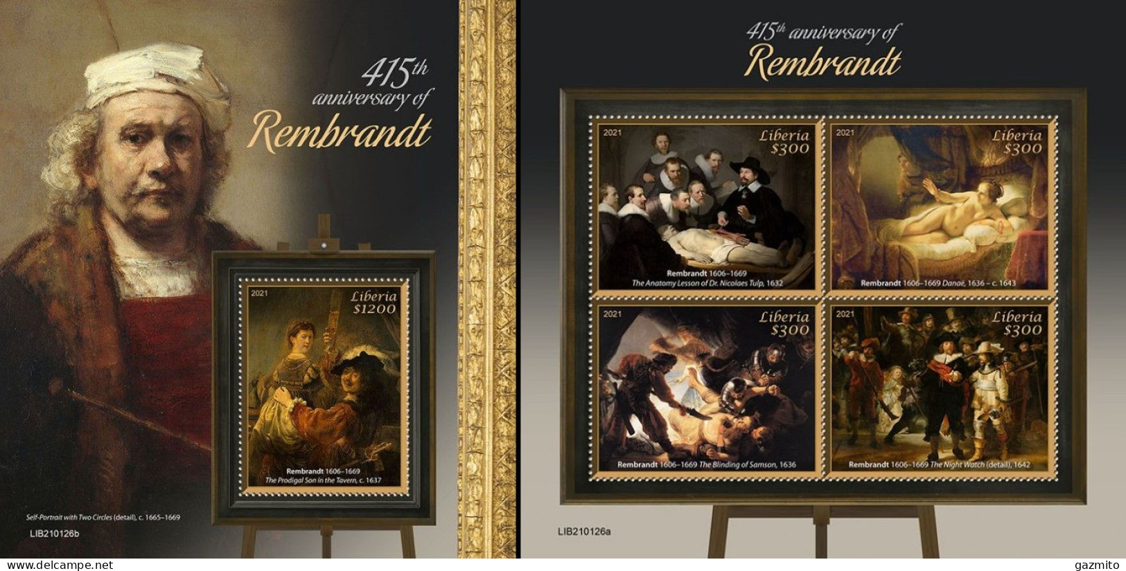 Liberia 2021, Art, Rembrandt, 4val In BF +BF - Rembrandt