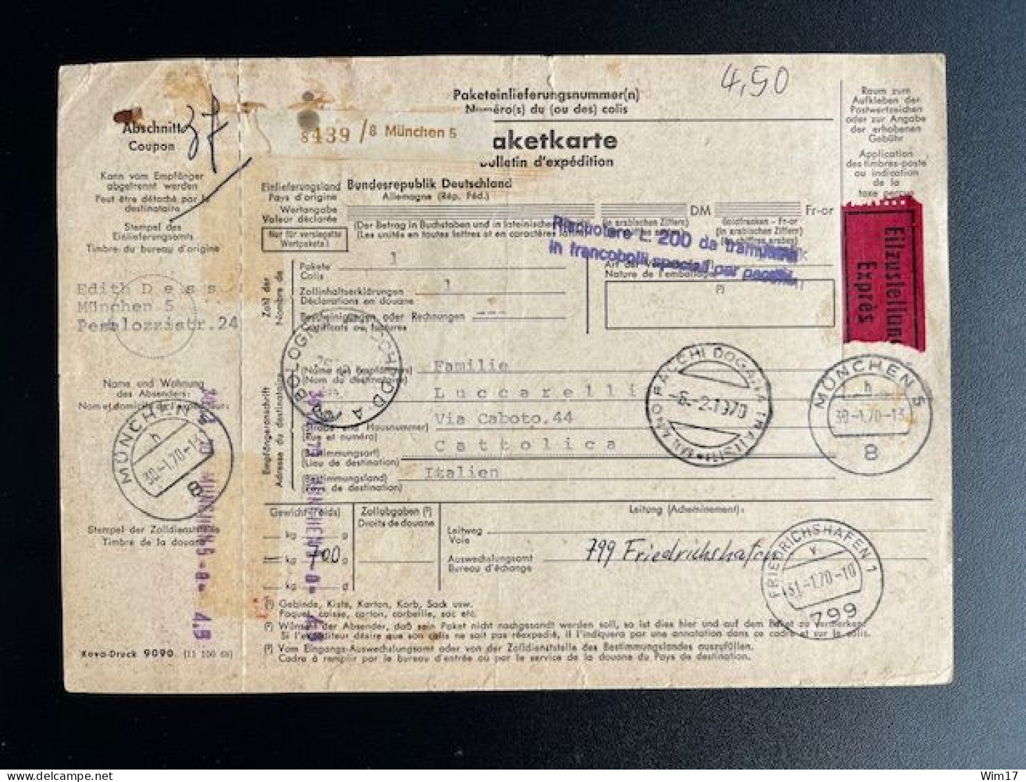 GERMANY 1970 EXPRESS PARCEL CARD MUNCHEN TO CATTOLICA ITALY 30-01-1970 DUITSLAND DEUTSCHLAND EXPRES - Briefe U. Dokumente
