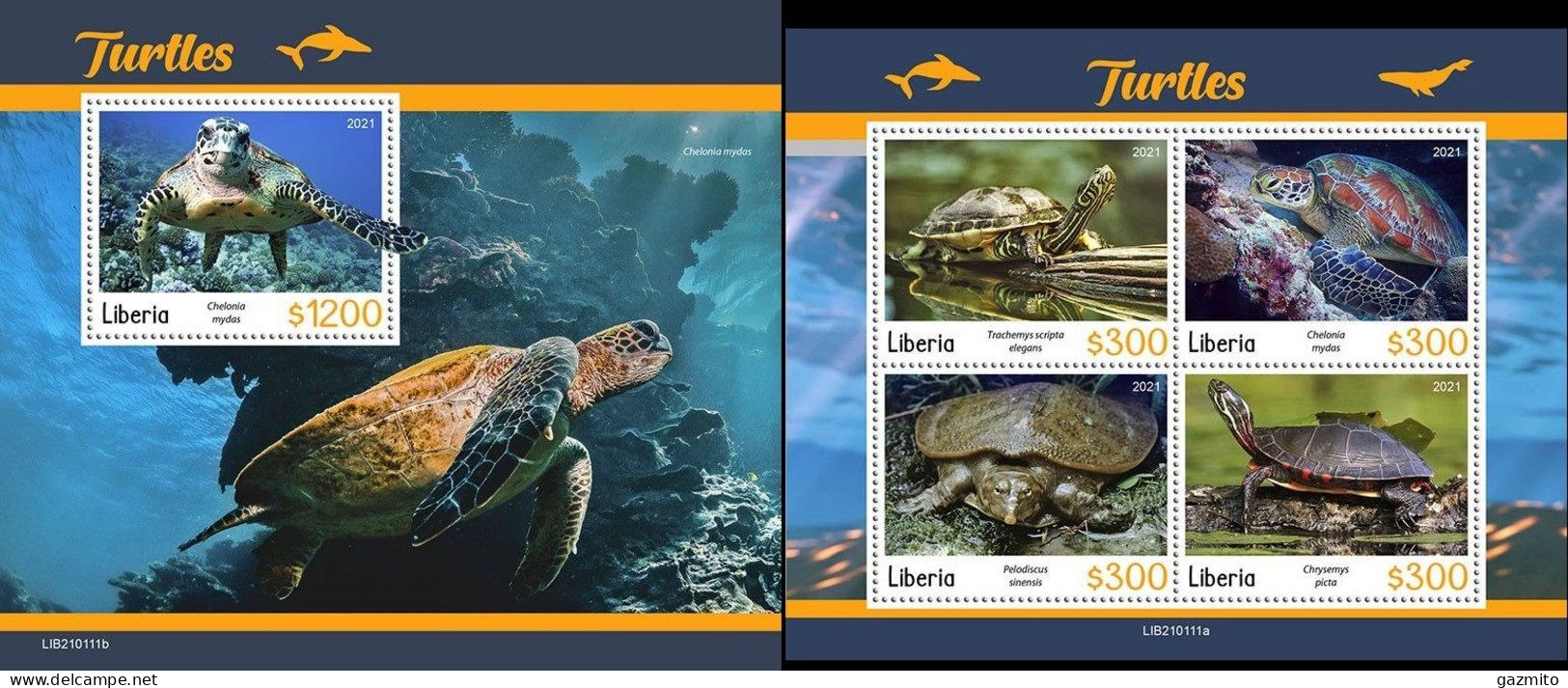 Liberia 2021, Animals, Turtles, 4val In BF +BF - Turtles