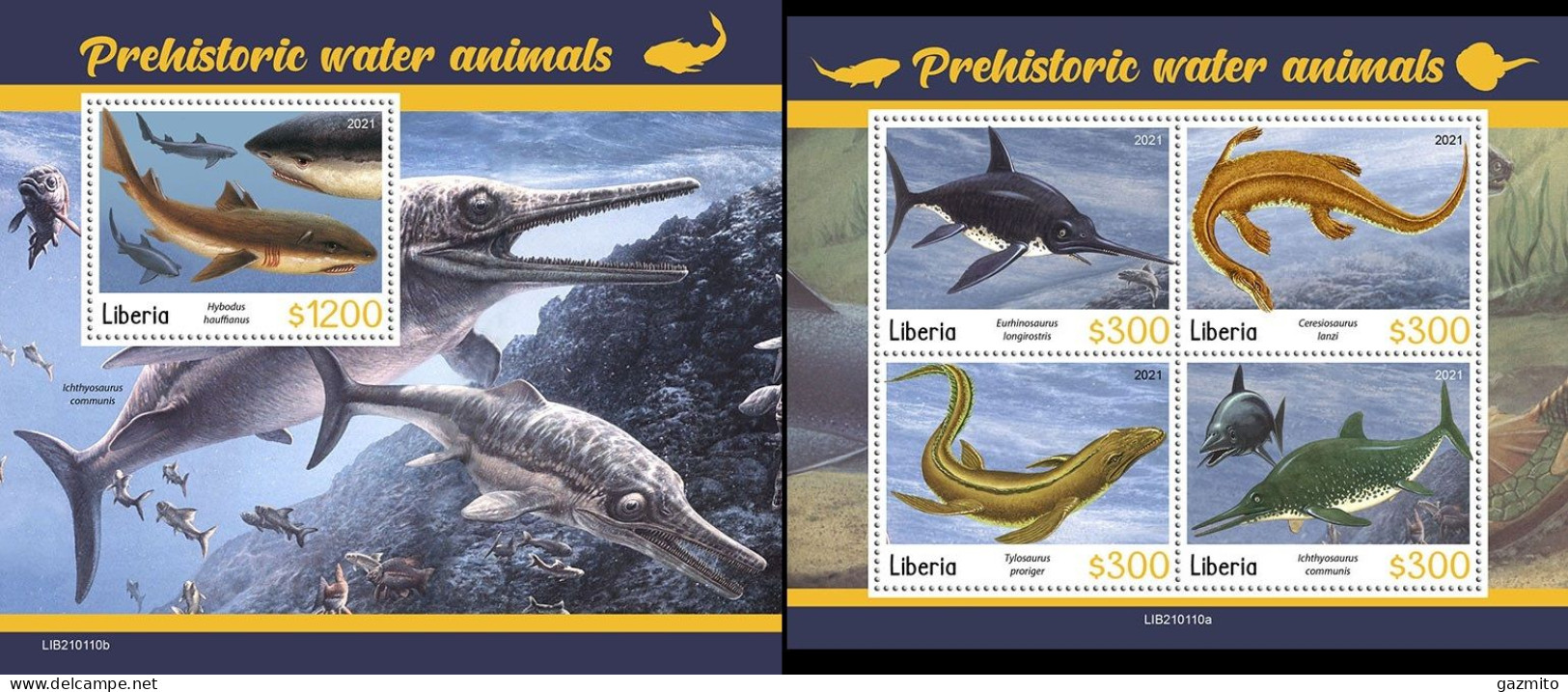 Liberia 2021, Animals, Prehistoric Water Animals, 4val In BF +BF - Prehistorics