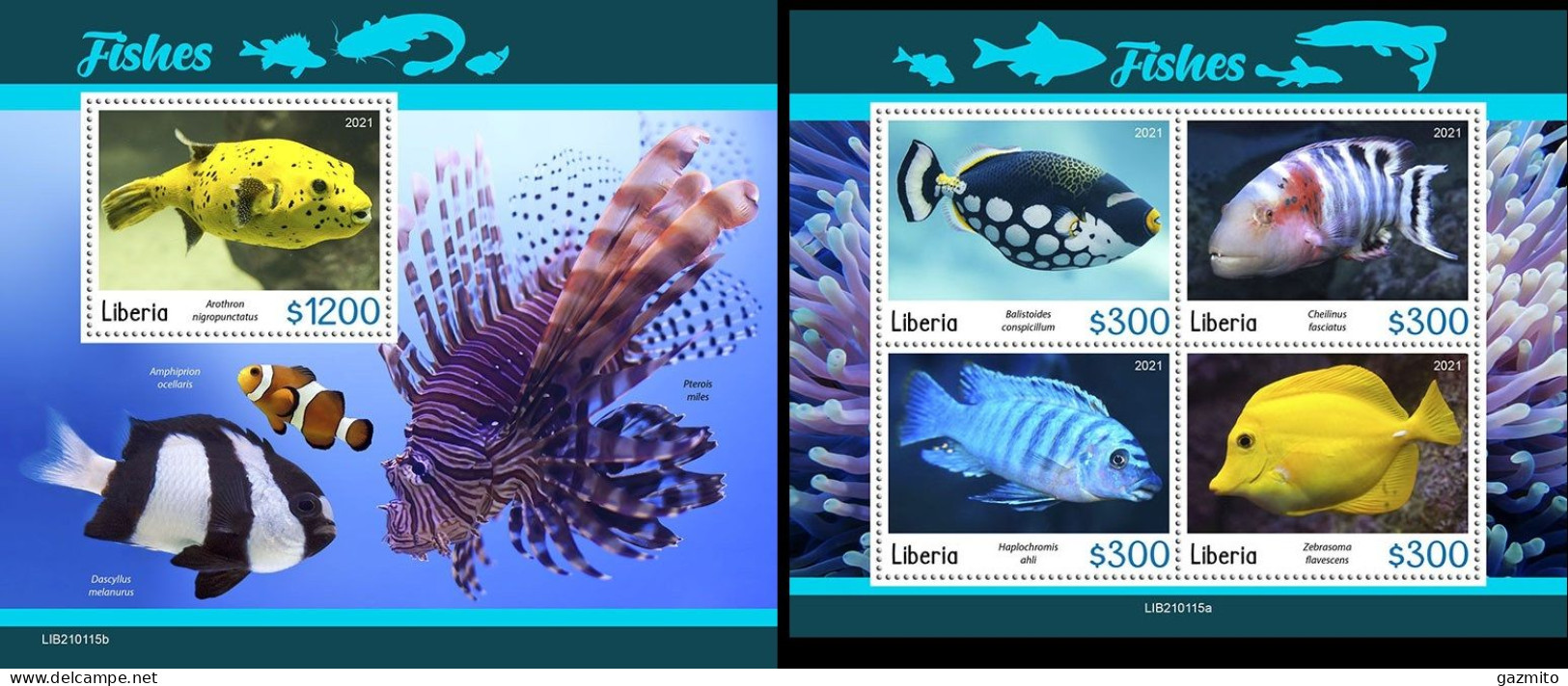 Liberia 2021, Animals, Fishes, 4val In BF +BF - Pesci