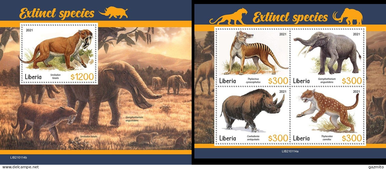 Liberia 2021, Animals, Extinct Species, 4val In BF +BF - Prehistóricos