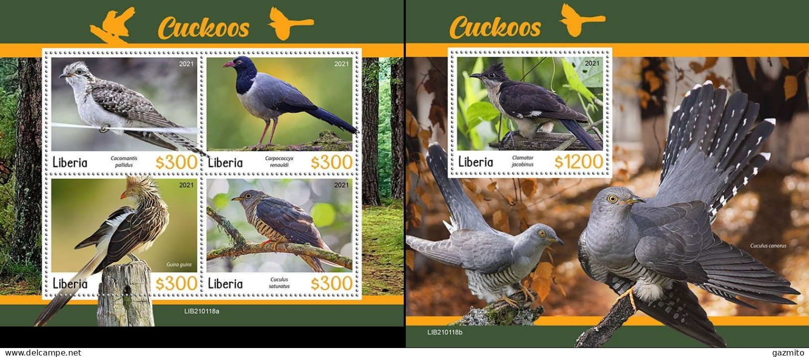 Liberia 2021, Animals, Cuckoos, 4val In BF +BF - Pájaros Cantores (Passeri)