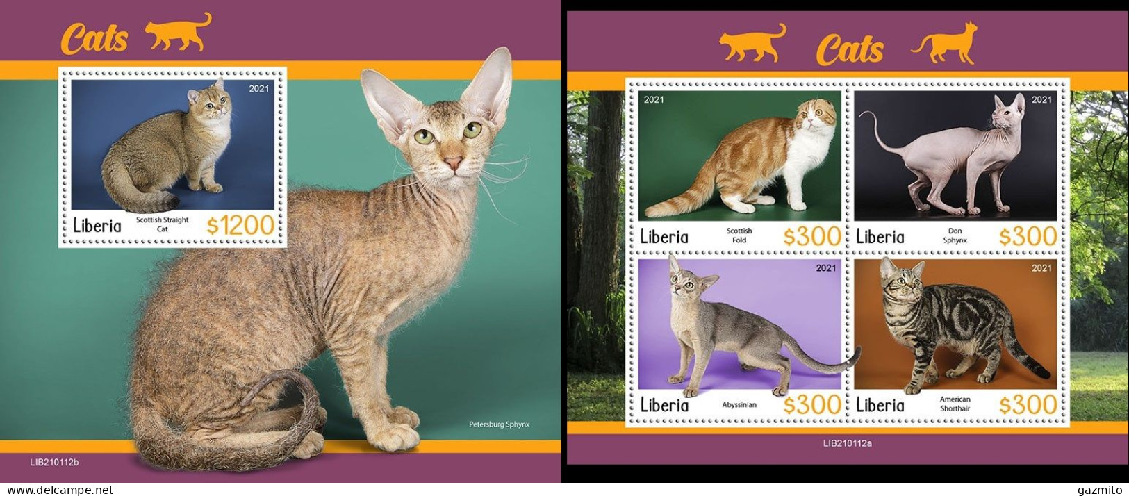 Liberia 2021, Animals, Cats, 4val In BF +BF - Domestic Cats