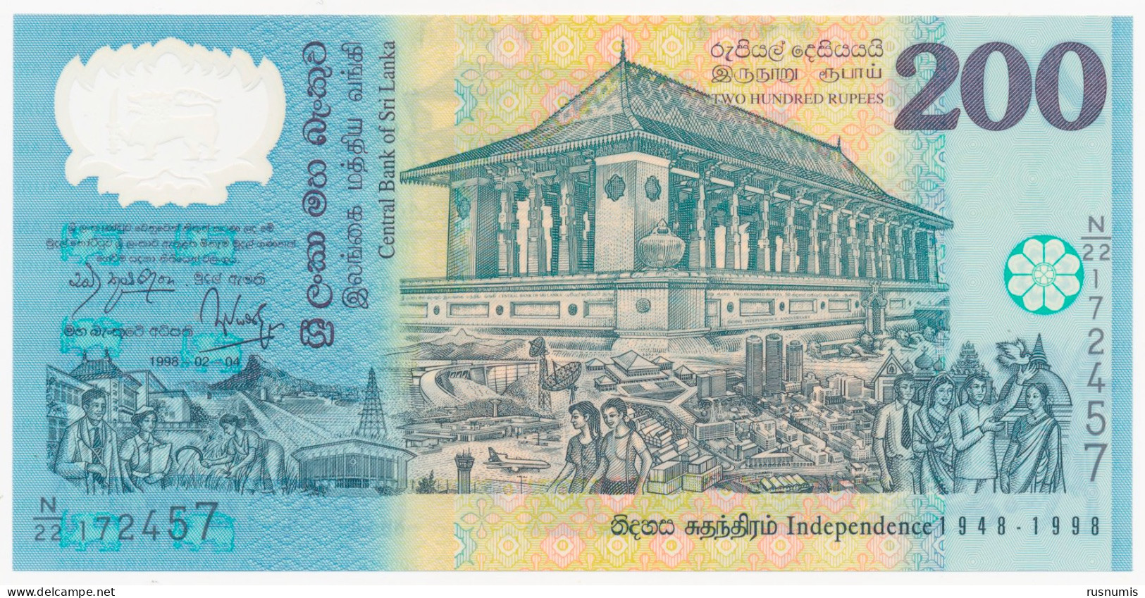 SRI LANKA 200 RUPEES P-114b POLYMER COMMEMORATIVE 50th Anniversary Of Independence - Temple Of The Tooth, Kandy 1998 UNC - Sri Lanka