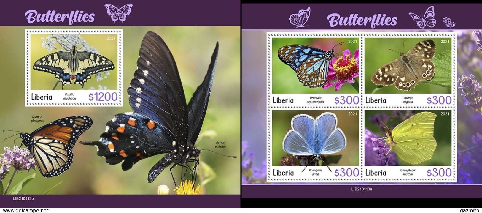 Liberia 2021, Animals, Butterflies, 4val In BF +BF - Papillons