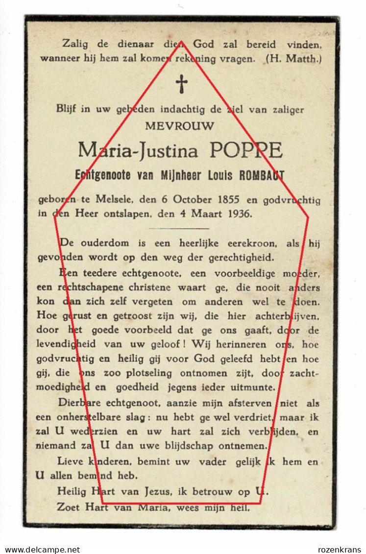 Maria-Justina Poppe Louis Rombaut Melsele Waasland 1936 Bidprentje Doodsprentje - Esquela