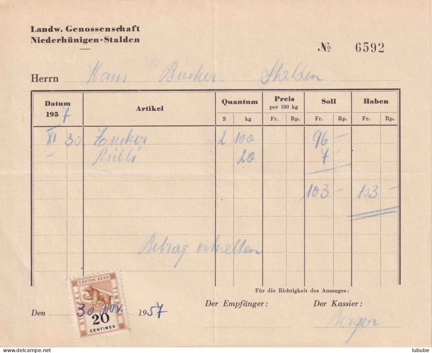 Rechnung  "Landw.Genossenschaft Niederhünigen-Stalden"        1957 - Altri & Non Classificati