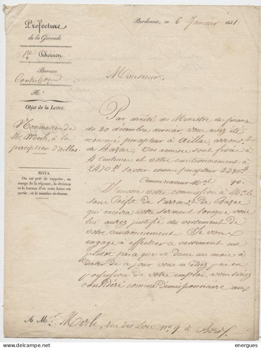 Allias, Bazas , 1831,Lettre Préfet Gironde, Comte François De Preissac  à Merle Nommé Percepteur, Prêter Serment,Donzac? - Historical Documents