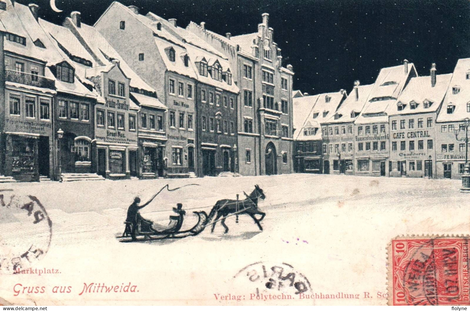 Mittweida - Gruss Aus MITTWEIDA - Place Du Village Sous La Neige - Traineau - Café Central - Allemagne Germany - Mittweida