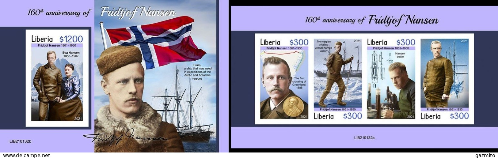 Liberia 2021, Explorer, Nansen, Ship, 4val In BF +BF IMPERFORATED - Liberia