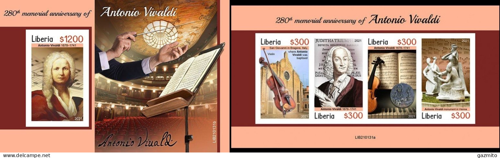 Liberia 2021, Music, Vivaldi, 4val In BF +BF IMPERFORATED - Liberia