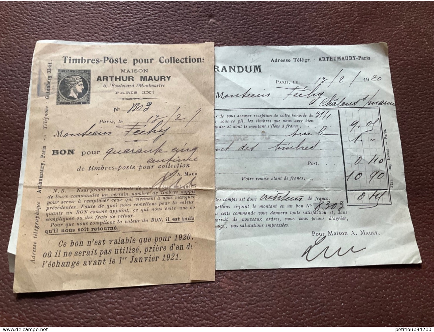 542 DOCUMENT Commercial  FACTURE Maison  ARTHUR MAURY Timbres  PARIS  Année 1920 Ans - Artigianato