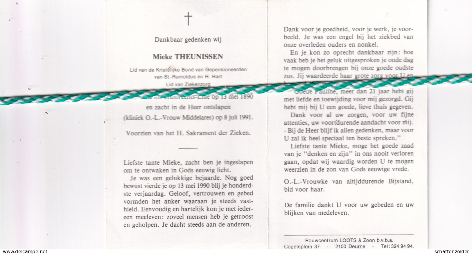 Mieke Theunissen, Sint-Huibrechts-Lille 1890, 1991. Honderdjarige - Todesanzeige