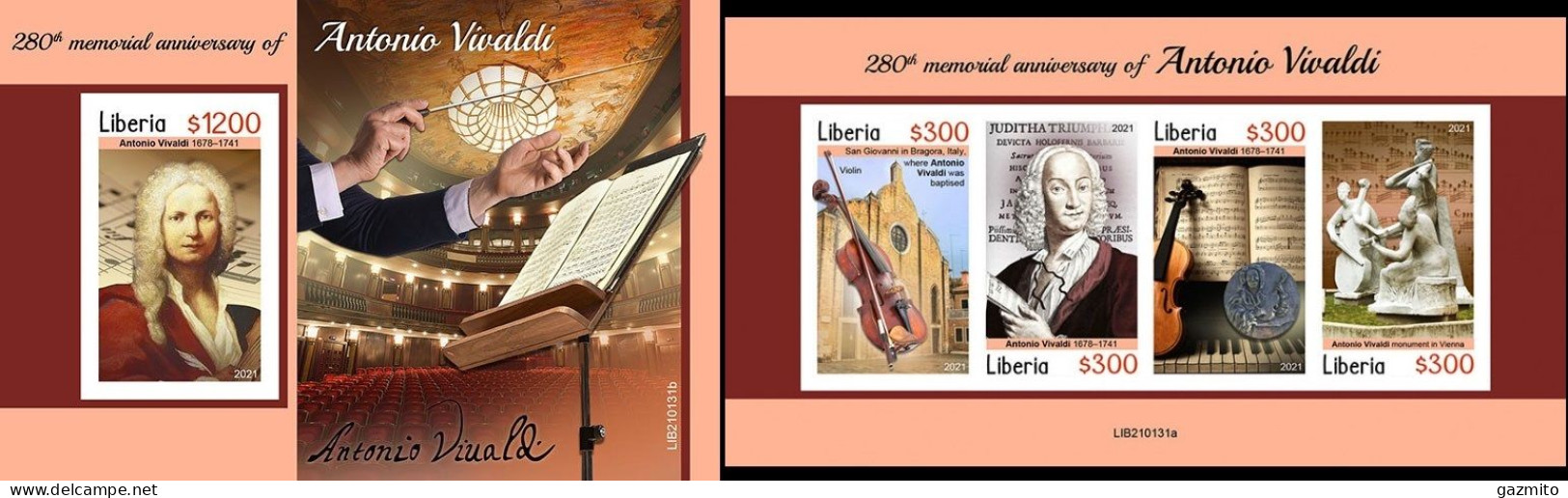 Liberia 2021, Music, Vivaldi, 4val In BF +BF IMPERFORATED - Music