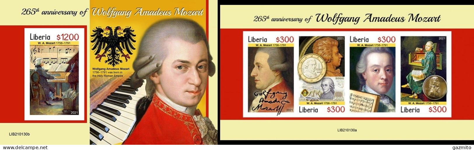 Liberia 2021, Music, Mozart, 4val In BF +BF IMPERFORATED - Música