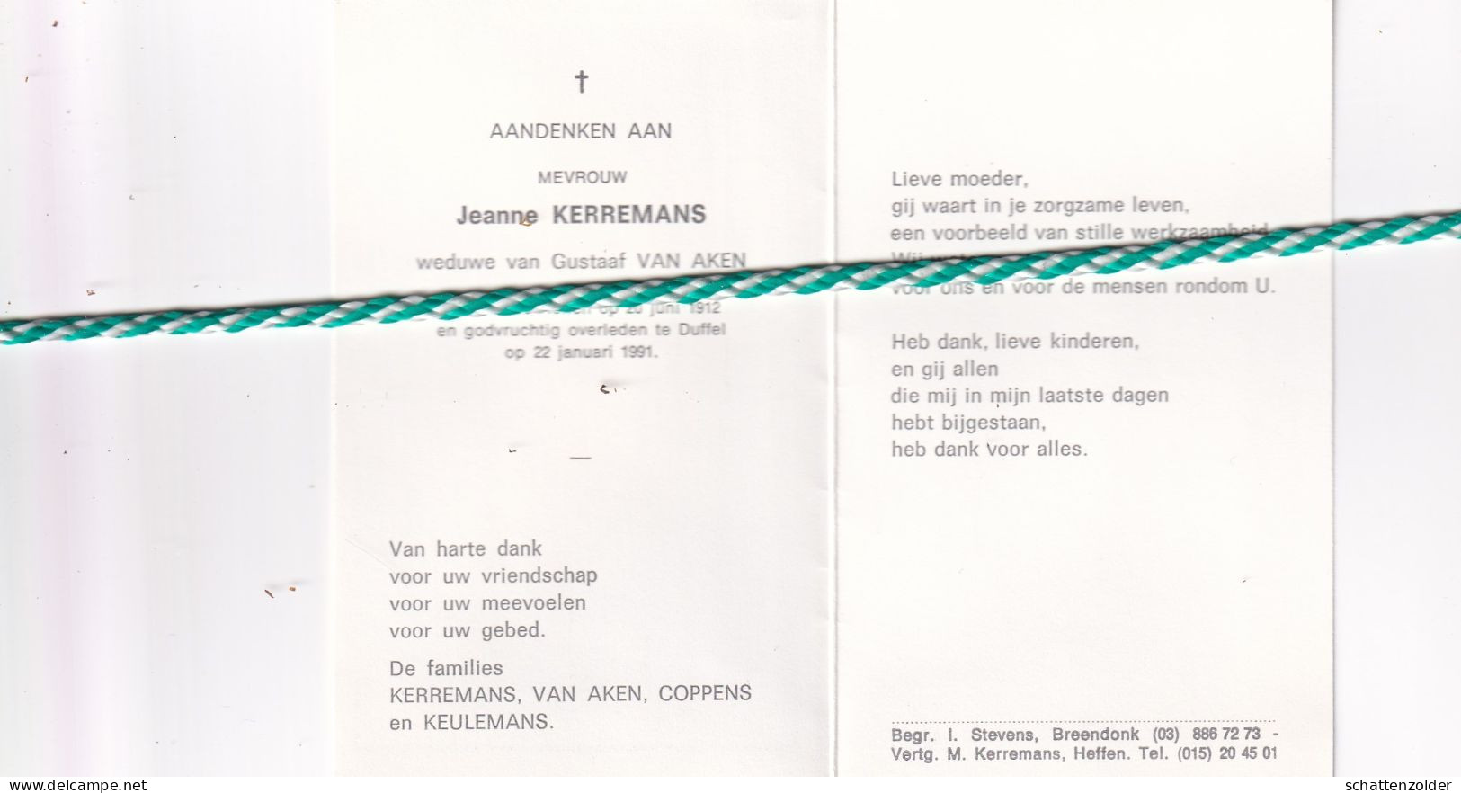 Jeanne Kerremans-Van Aken, Heffen 1912, Duffel 1991. - Obituary Notices