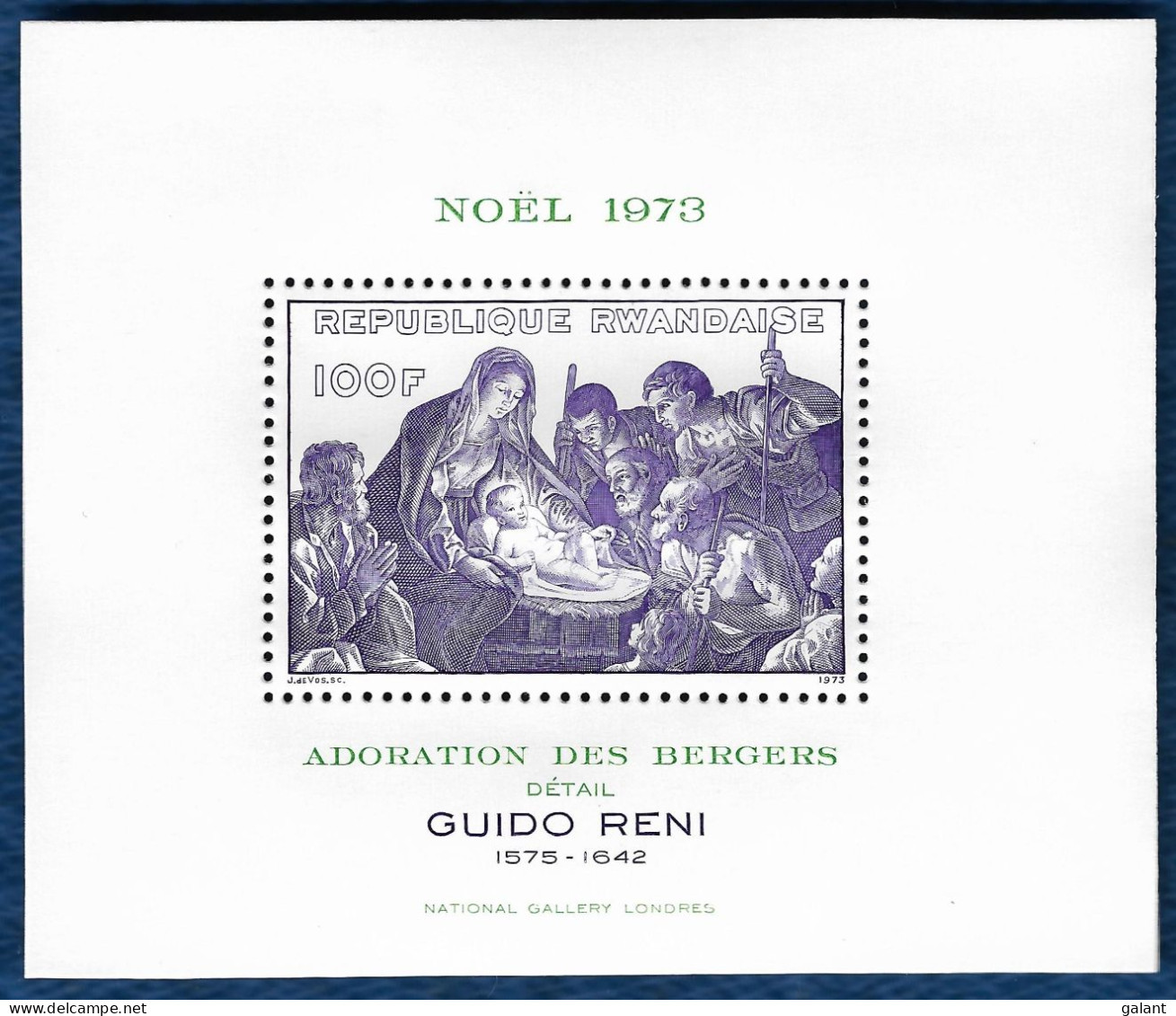 Rwanda Ruanda 1973 Christmas Painting Adoration Des Bergers By Guido Reni DELUXE GLOSSY Block Mi. 36 MNH** - Christentum