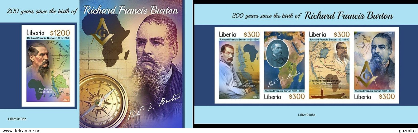 Liberia 2021, Explorer, R. Burton, Masson, 4val In BF +BF IMPERFORATED - Geografía