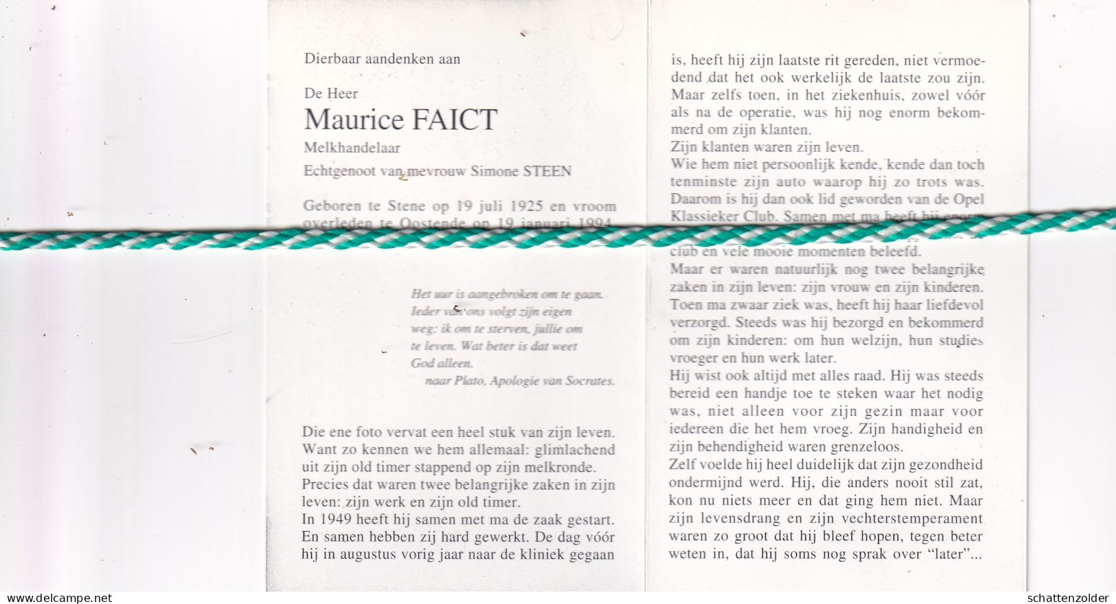 Maurice Faict-Steen, Stene 1925, Oostende 1994. Melkhandelaar, Foto Auto - Todesanzeige